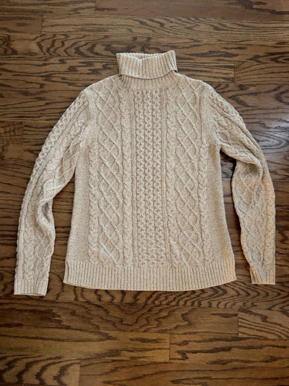 Lands' End Cable Knit Turtleneck Sweater, Cotton Blend, Oatmeal, Size M